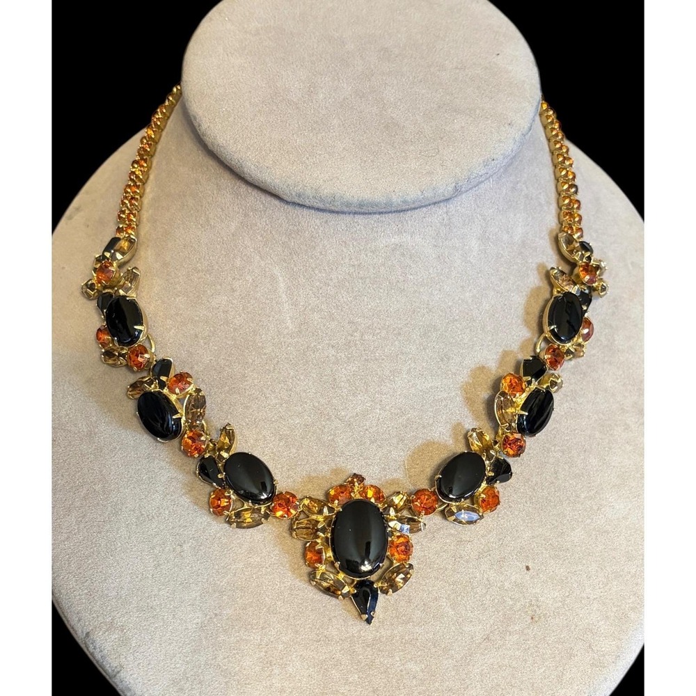 Unsigned Juliana Necklace Vintage Black Cabochon Amber Rhinestone Gold Tone Bib